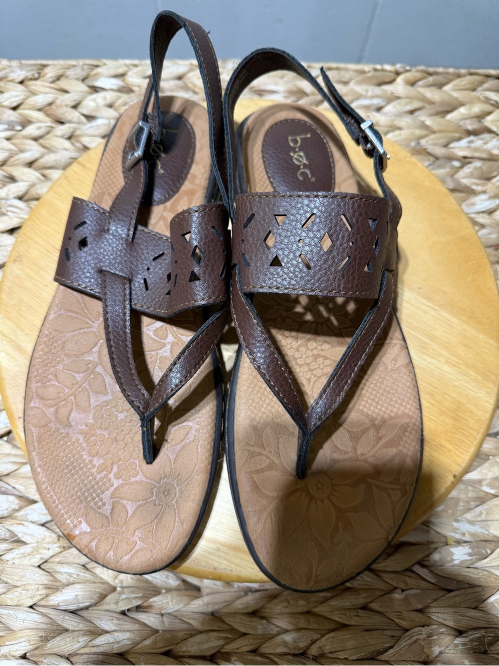 b.o.c. Brown Perforated Leather Slingback Thong Sandals